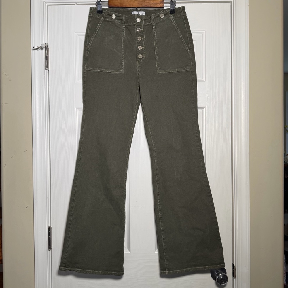 Olive Green Spring Fall Slim Flare Button Up Jeans Pants